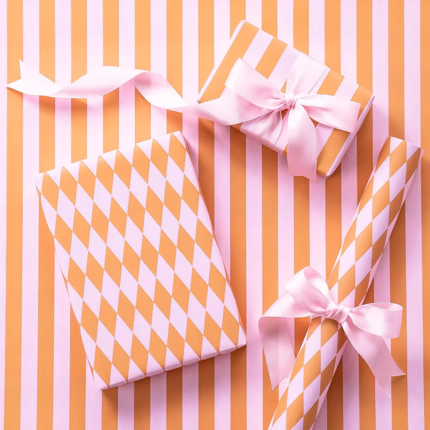 Reversible Wrapping Paper Roll, Mini Roll,  and Orange Stripes and    Wrap for Birthday,  Shower, Wedding, Easter, Summer Gifts, Holiday, 17 Inches x 16.4