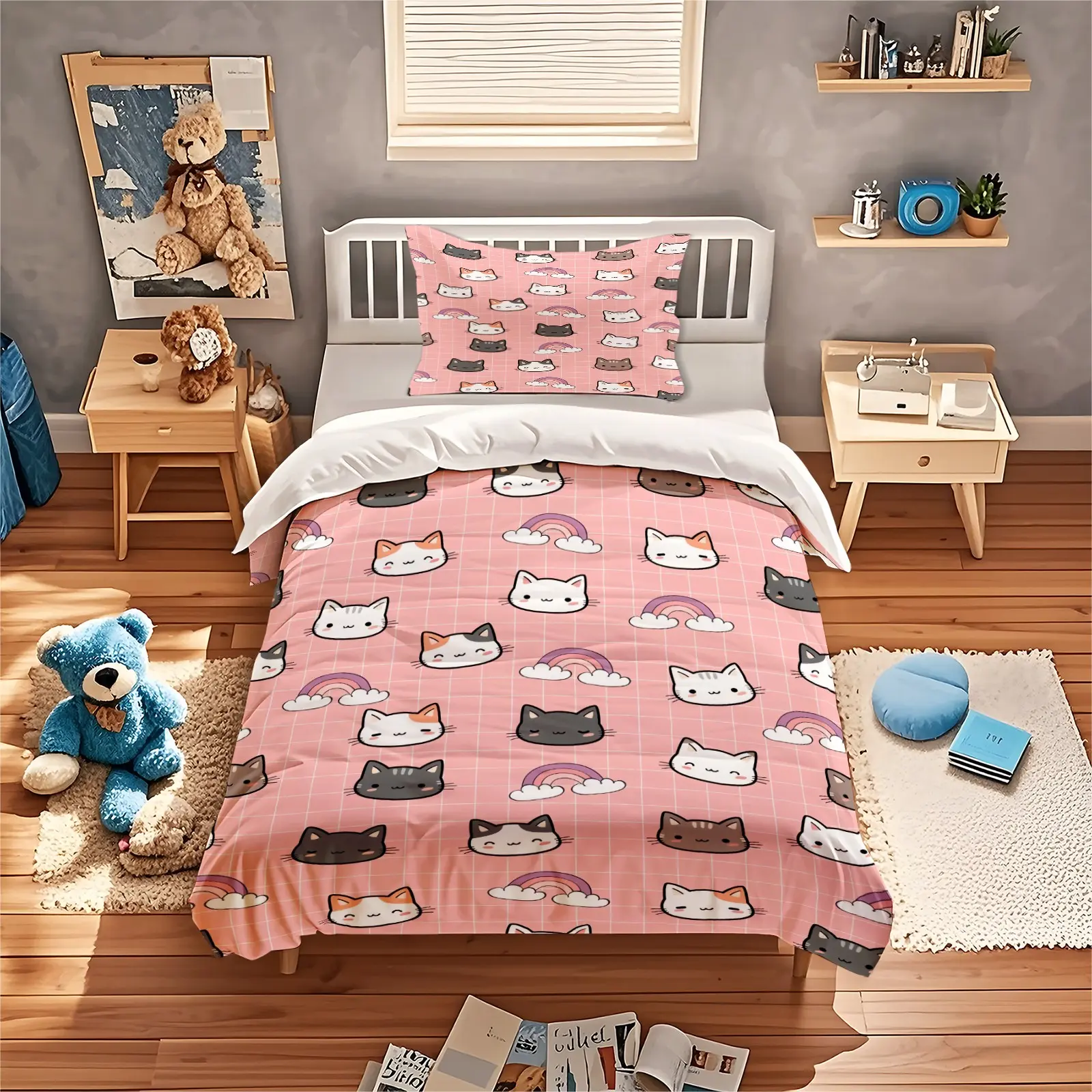 Cartoon Kitten Print Duvet Cover Set, 1 Duvet Cover With 1/2 Pillowcase (Excluding Duvet Core And Pillow Core), Suitable For Teenagers And Adults In Bedrooms, Dormitories, And Guest Rooms, Suitable As a Gift And Decoration