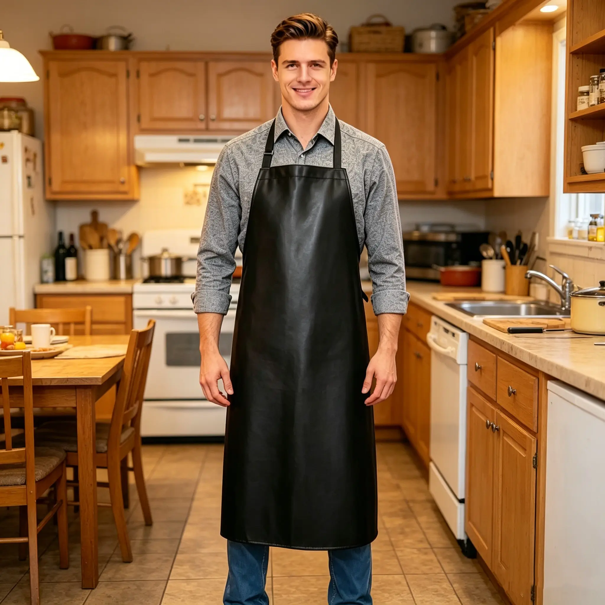 Adjustable Leather Apron, Oilproof Design, Easy Cleaning Apron, Ideal for Restaurant & Home Kitchen, Durable Protection, Easy to Clean