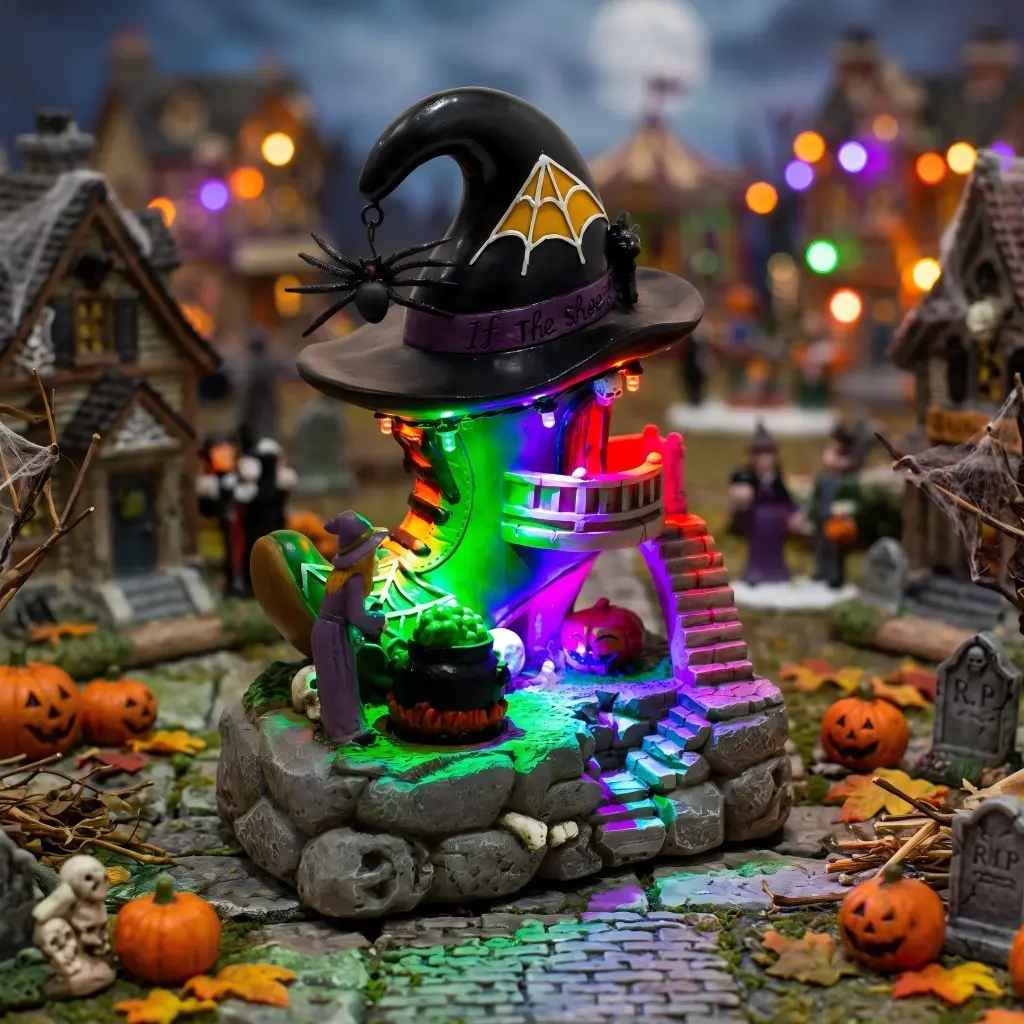 1pc Halloween Witch Shoe House Figurine Whimsical Spooky Style w/ Multi-Color LED Lights & Giant Witch Hat Perfect for Holiday Tabletop Party Display Festive Decoration #halloweendecor #spookyseason #witchcore #halloweengift