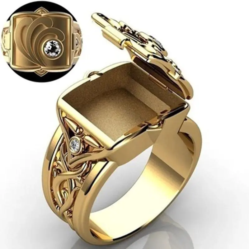 Vintage Gold-Tone Locket Ring with Hidden Compartment | Carved Floral Alloy Jewelry with Rhinestones for Female & Unisex Everyday Wear, Hidden Compartments, Retro Look