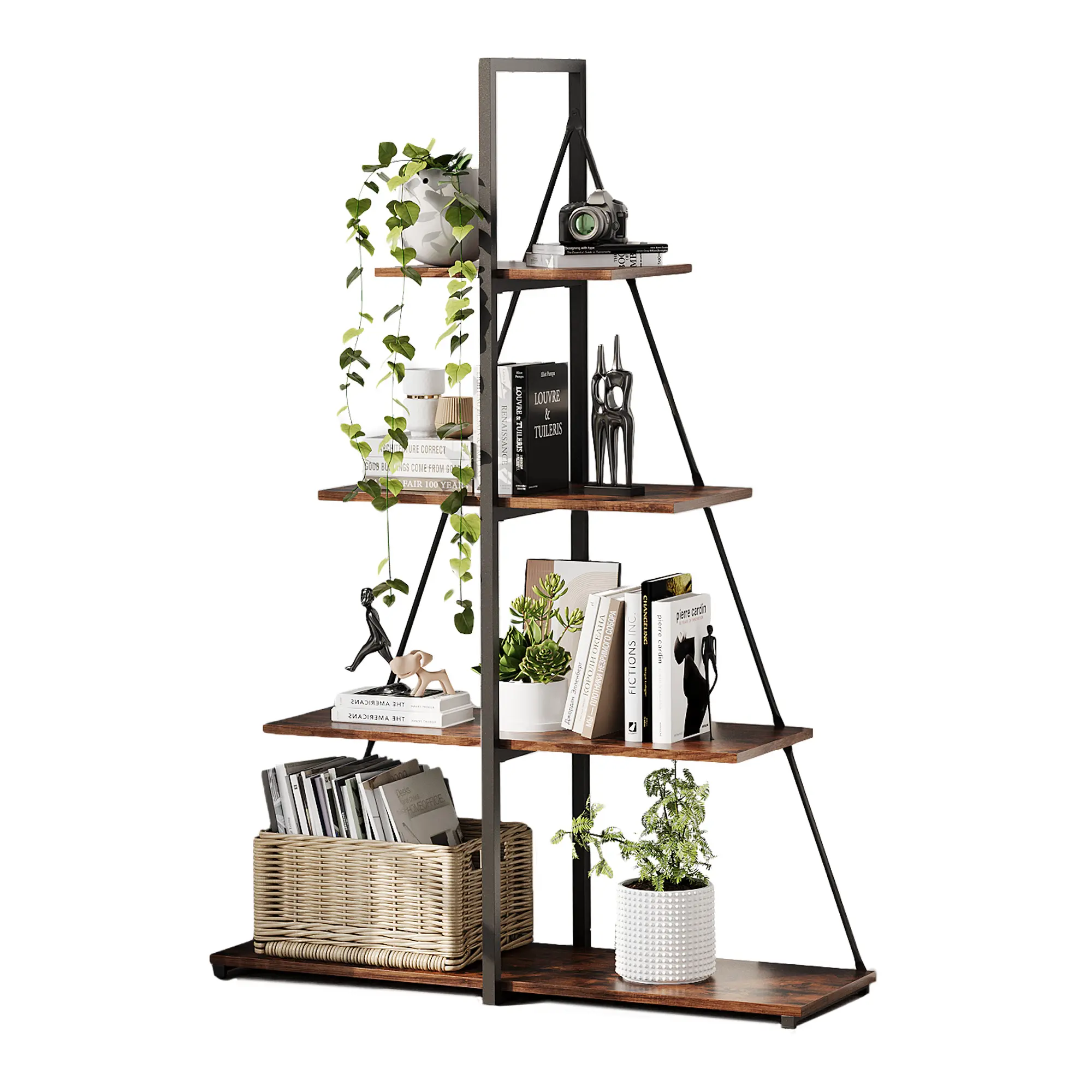 4-Tier Sailboat-Shaped Ladder Bookshelf, Black Metal Frame with Vintage Brown Shelves, Space-Saving A-Frame Bookcase