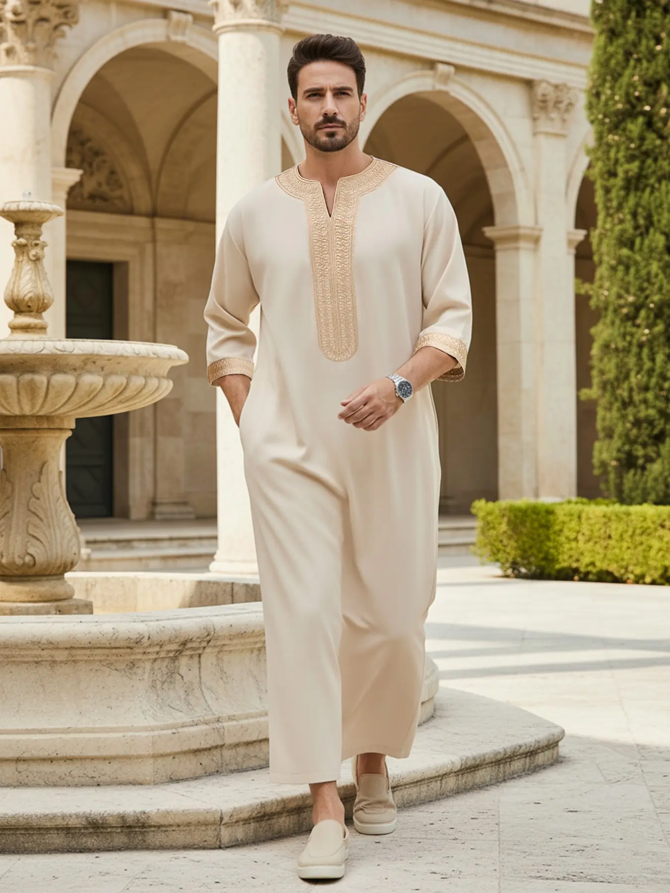 Muslim Traditional Robe Moroccan Style Men's Embroidered Long Robe, Fashionable Muslim Clothing, Eid Festival Holiday Wear, Thobe, Traditional Arabic Robe, Fit, Islamic Robe, Modest Muslim Thobe