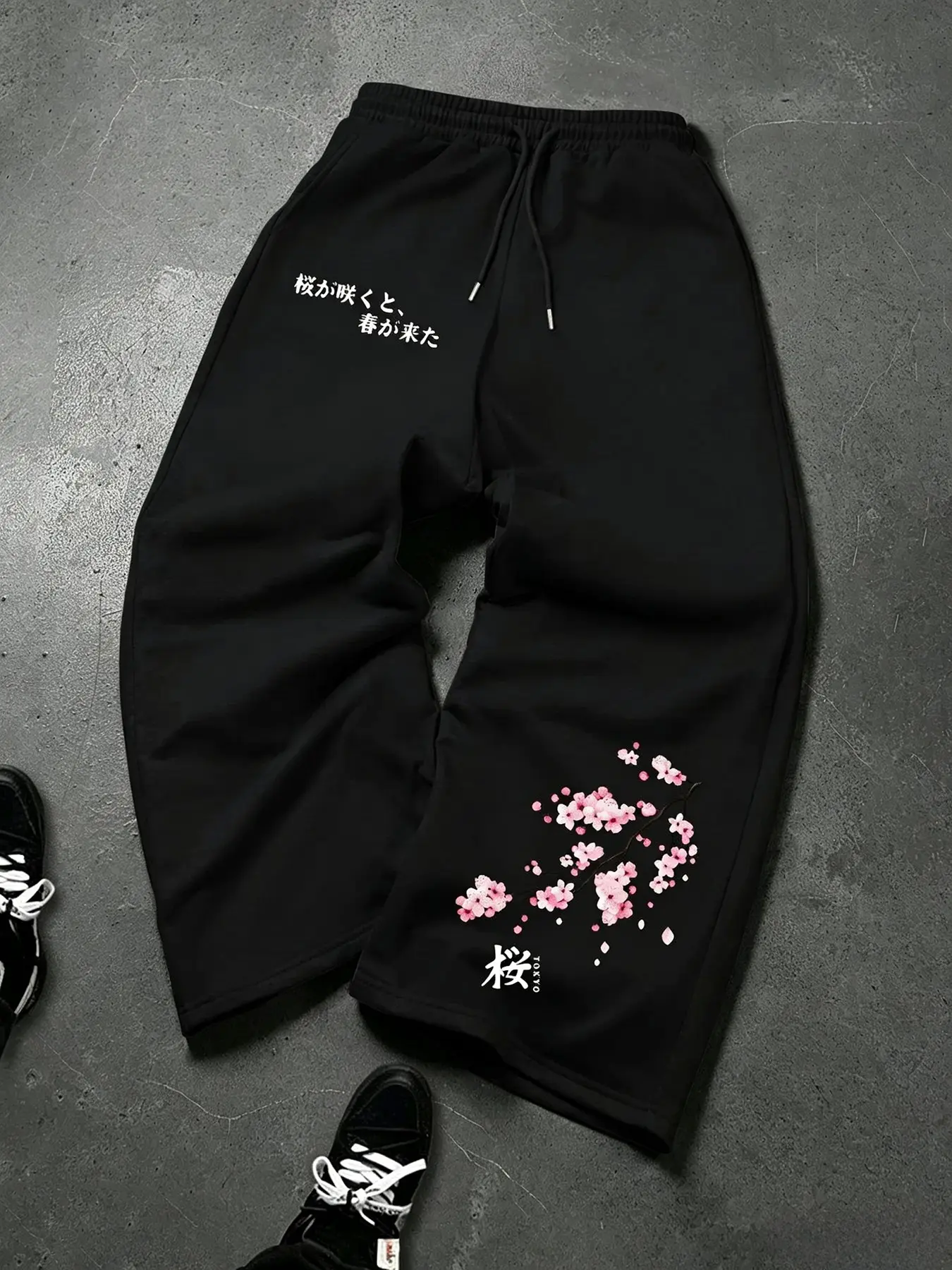 Japanese Street Style Wide Leg Sports Sweatpants, Cherry Blossom Print, Adjustable Waist, Soft Knit Fabric, Unisex Casual Wear