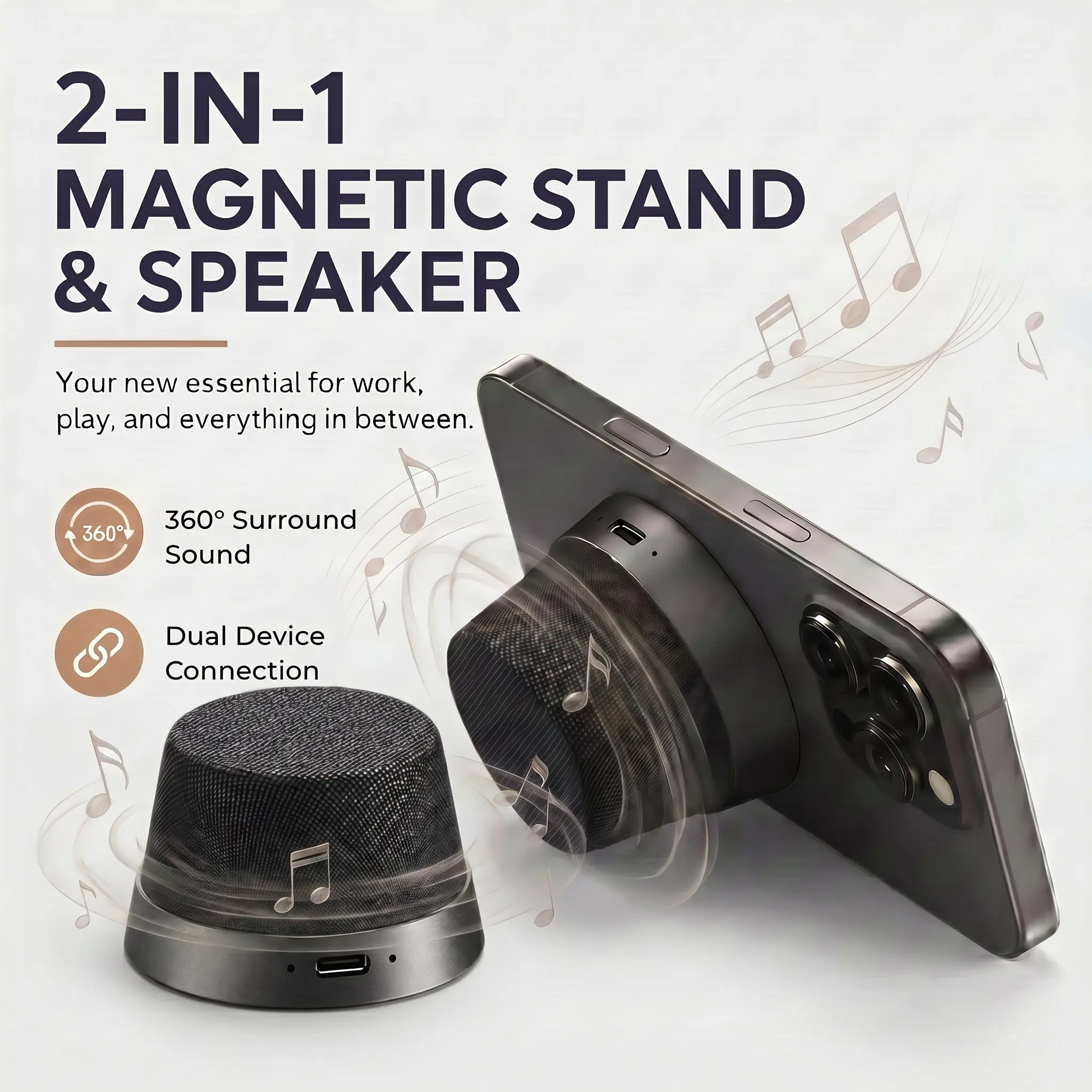 2-in-1 Magnetic Phone Stand & Bluetooth Speaker, Mini Portable Speaker with TWS Dual Pairing, 360 °   Surround Sound Phone Holder for Smartphones-YY