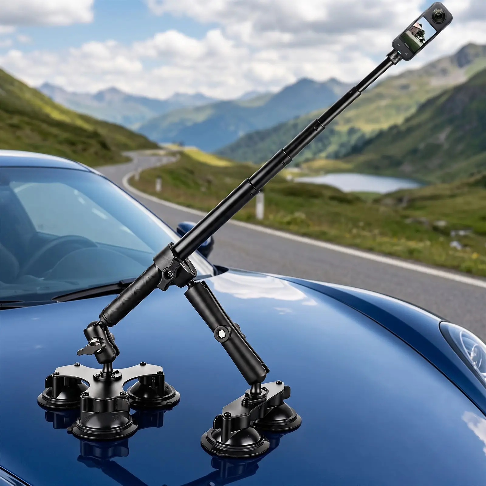 5 in 1 Suction Car Mount for Windshield Window, Compatible with Dji Osmo, Insta360, Gopro, 47.2 Inch Extensible Selfie Stick Suction Mount Kit