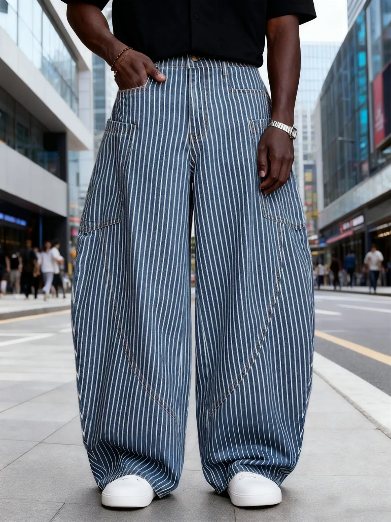 Men's Vintage Light Blue Striped Wide Leg Jeans, Floor-Length American Loose Streetwear Denim, Curved Banana Pants, Versatile Fashion