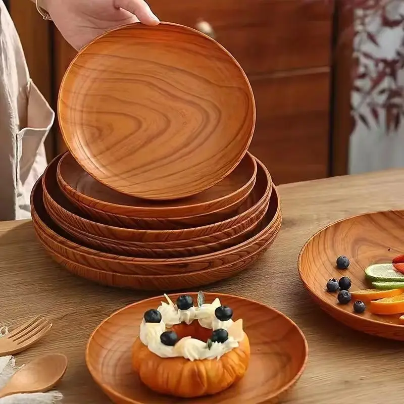 10pcs Creative Rustic Wood Grain Pattern Dinner Plates, Plastic Round Striped Design, Lightweight for Home, Dessert Shops, Commercial Serving Dishes