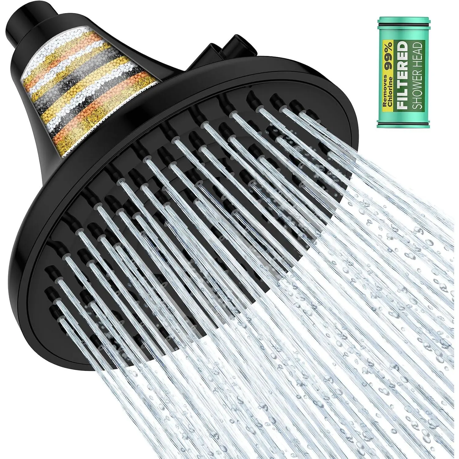 Matte Black Water Filter Showerhead - ABS Plastic, 1-Button Filter Operation, Adjustable Joint, Chlorine Removal, Impurity Reduction, 1-Minute Install, Dry & Frizzy Hair Relief for Family Home Bathroom Fixtures, Water Filter Shower