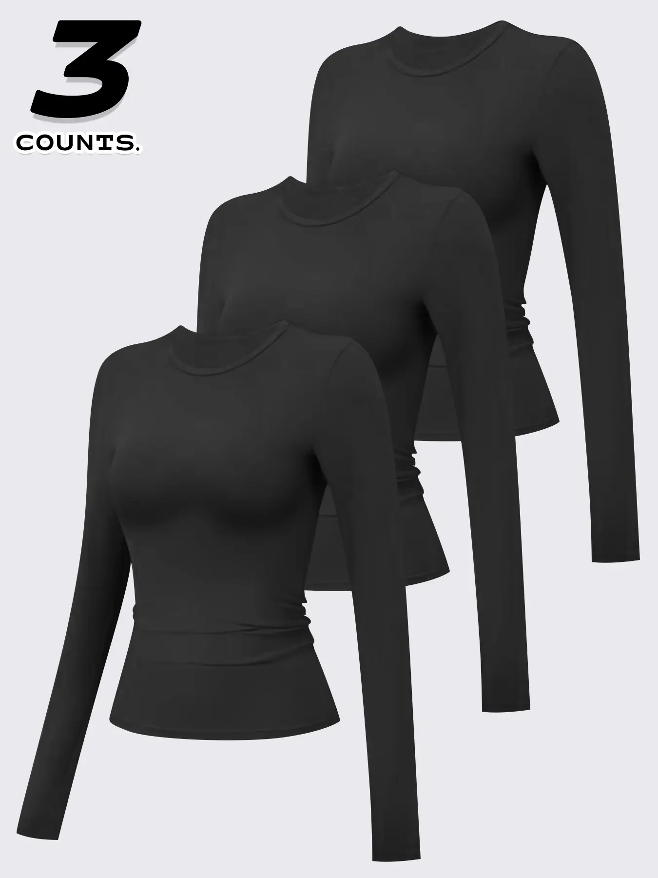 3pcs Women's Compression Training Round Neck Long Sleeve, Sporty Yoga T-Shirt, Activewear Tee, Moisture-Wicking, Fitted, All Seasons