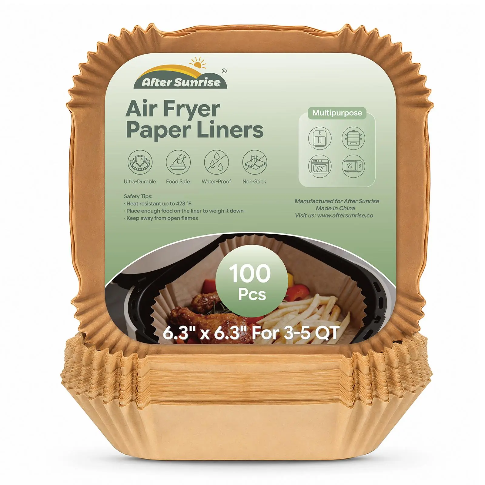 Air Fryer Paper Liners, 100Pcs Parchment Paper,After Sunrise Air Fryer Liners Disposable for Microwave, Non-Stick Air Fryer Liner Square Free of Bleach (6.3IN)