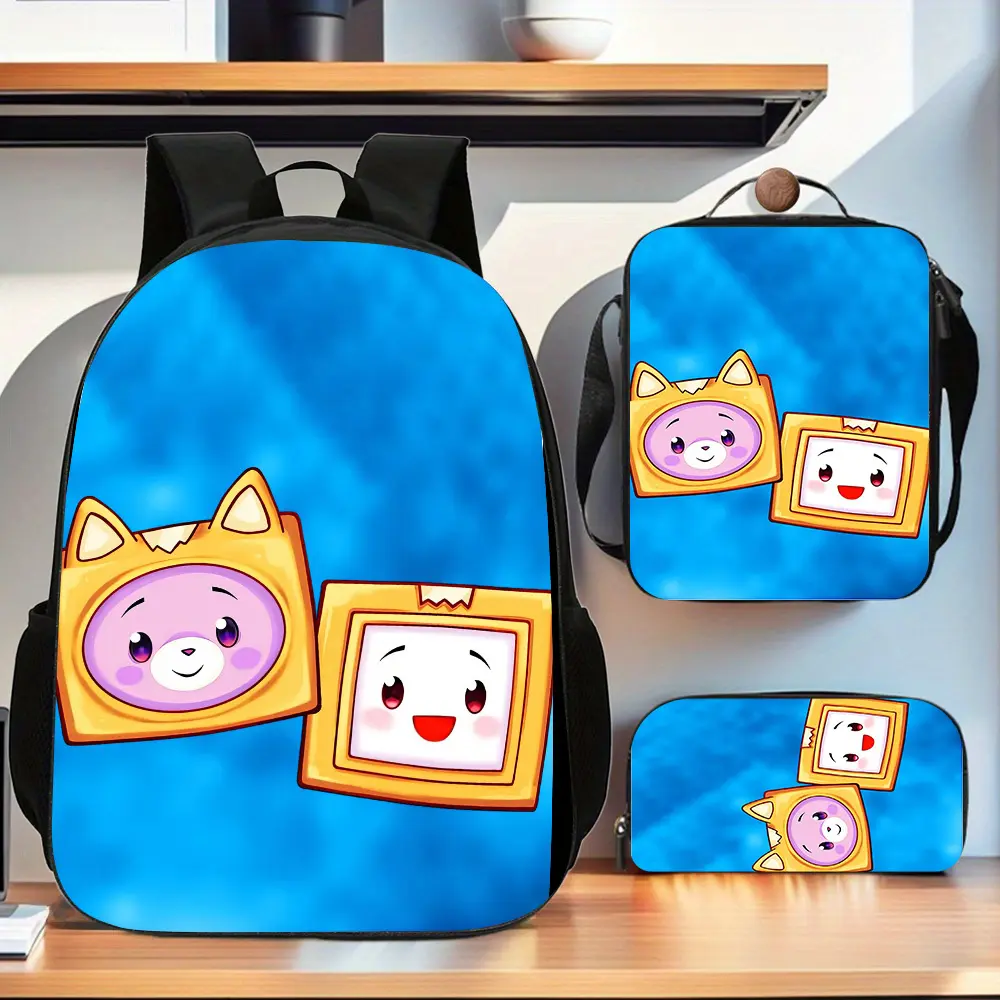 LankyBox cartoon cat character three-in-one combination backpack, large-capacity shoulder bag, portable insulated tray, zippered stationery pocket, suitable for young cartoon enthusiasts