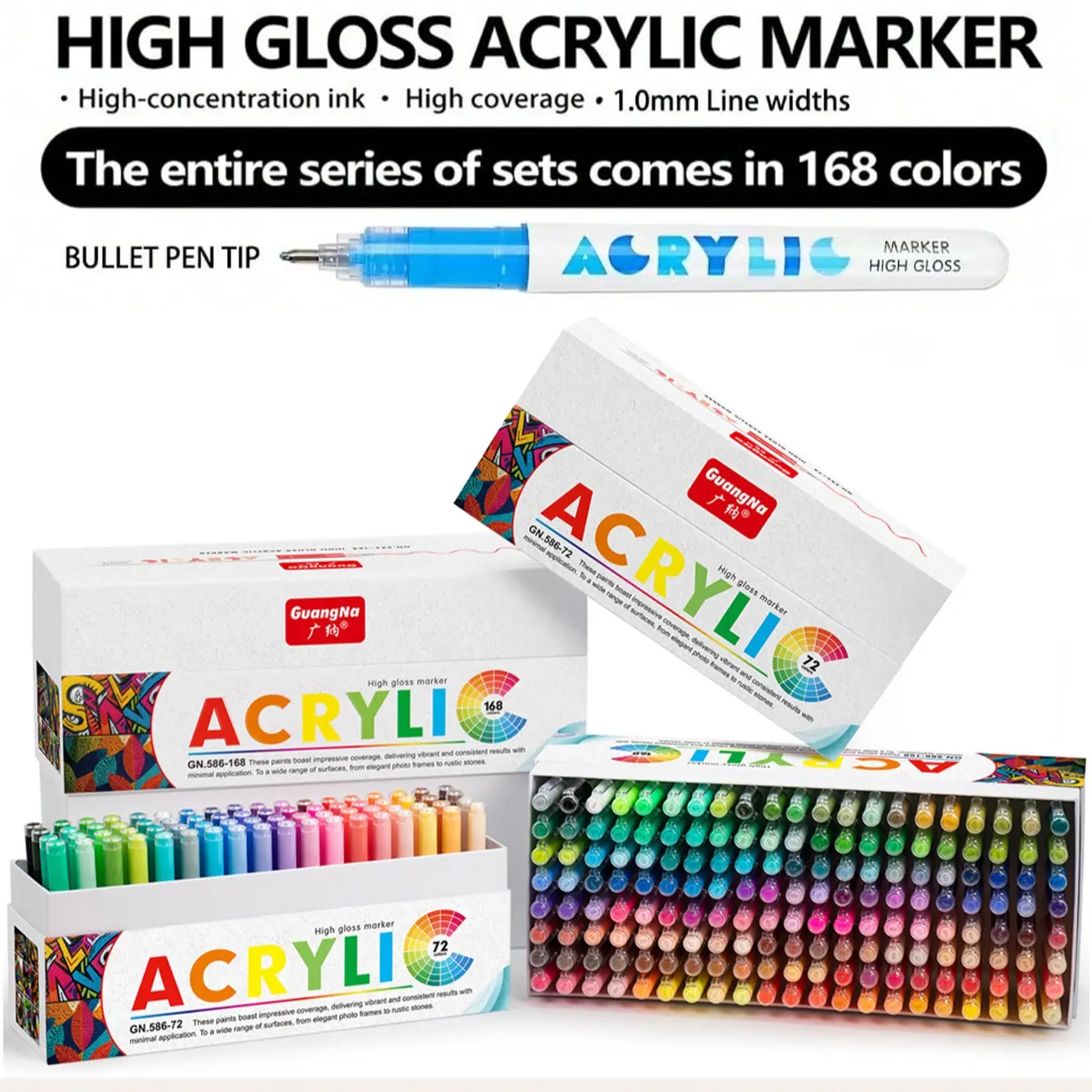 Guangna 72/168 Color Fluorescent Pen Set, Bright Ink, 360° Ball Point, Waterproof, High Coverage, DIY Coloring, School Supplies Gift