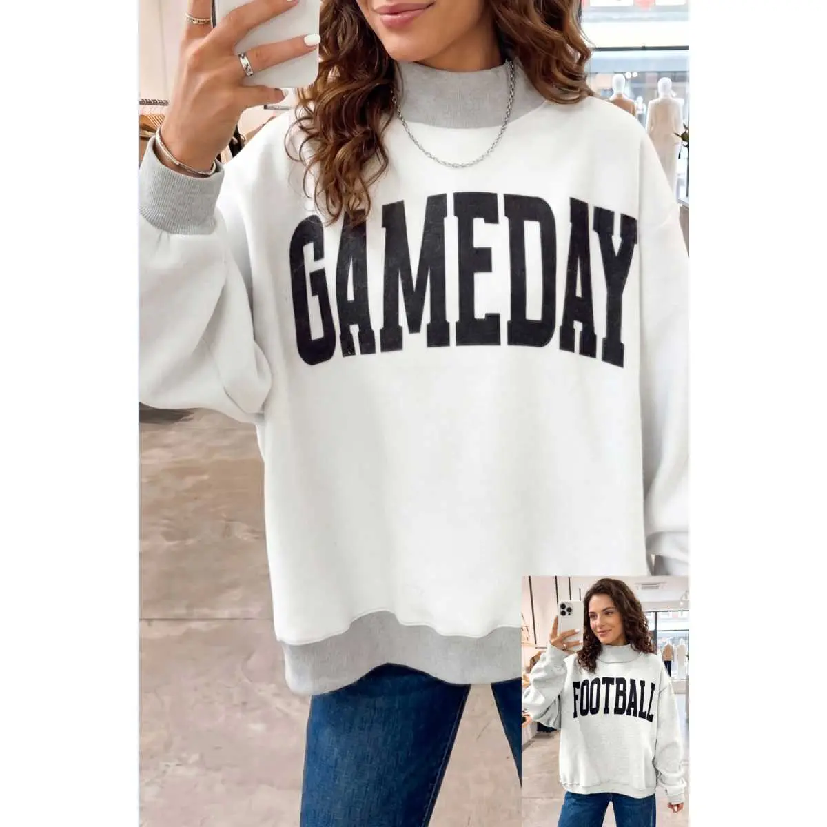 Women's Oversized Casual Comfortable Fashion Sweatshirt - High Neck, Ribbed Cuff, Reversible, Double-Sided Football Gameday Slogan Print, Loose Fit Relaxed Tunic Top, Soft, Piece, Pull On, Hoodie, Baggy, Fashion Apparel, Football Fashion