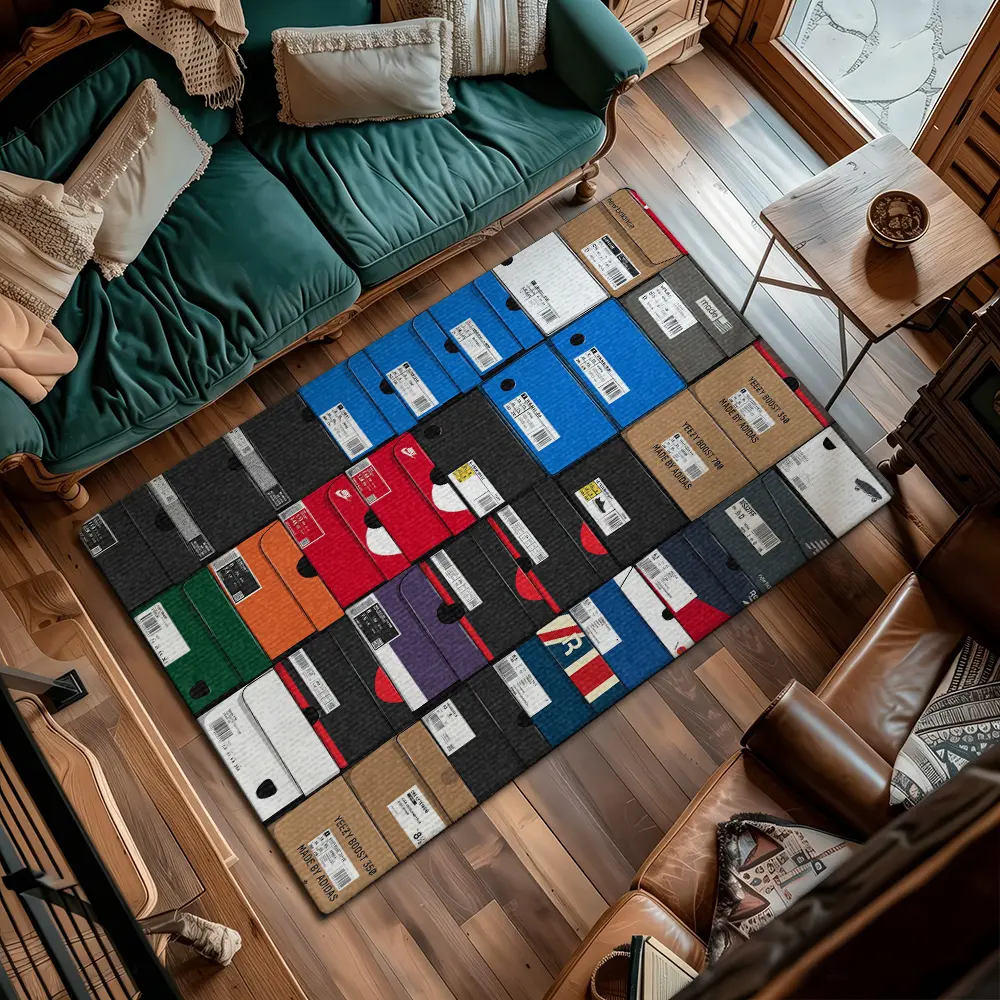 Colorful Sneaker Box Collage Fashion Flannel Living Room Rug #SneakerBoxCollageRug #KicksBoxPrintMat #FlannelCarpet #SneakerheadHypebeastHomeDecor