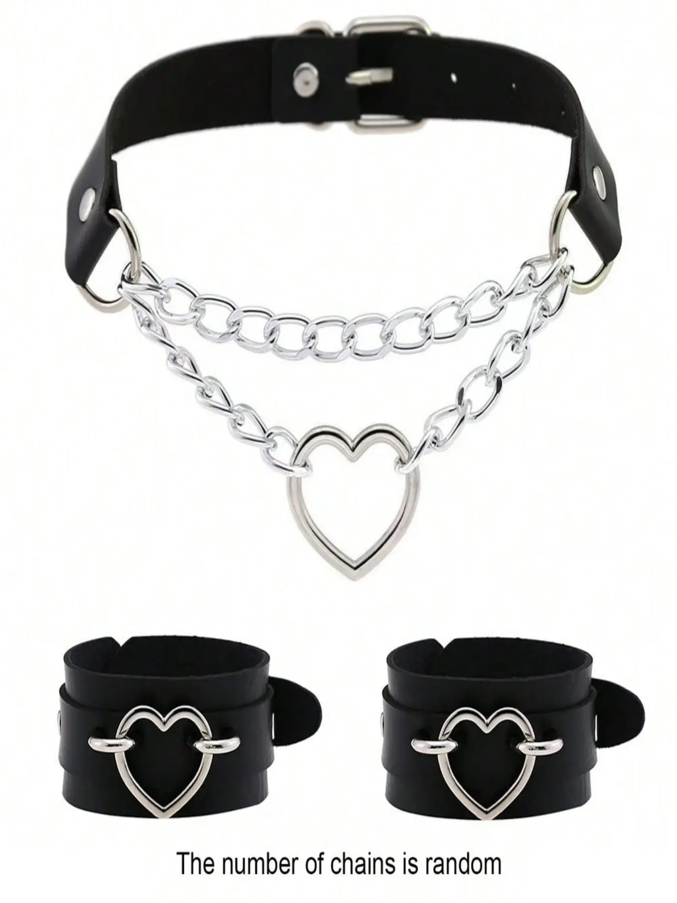 3PCS PU Leather Choker & Wristband Set, Adjustable Buckle Gothic Heart Chain Collar & 2PCS Heart O-Ring Cuffs, Unisex Y2K Punk Alternative Costume Jewelry Set, Fashionable Jewelry Accessories for Cosplay, Party & Daily Outfit, Bracelet Necklace Set