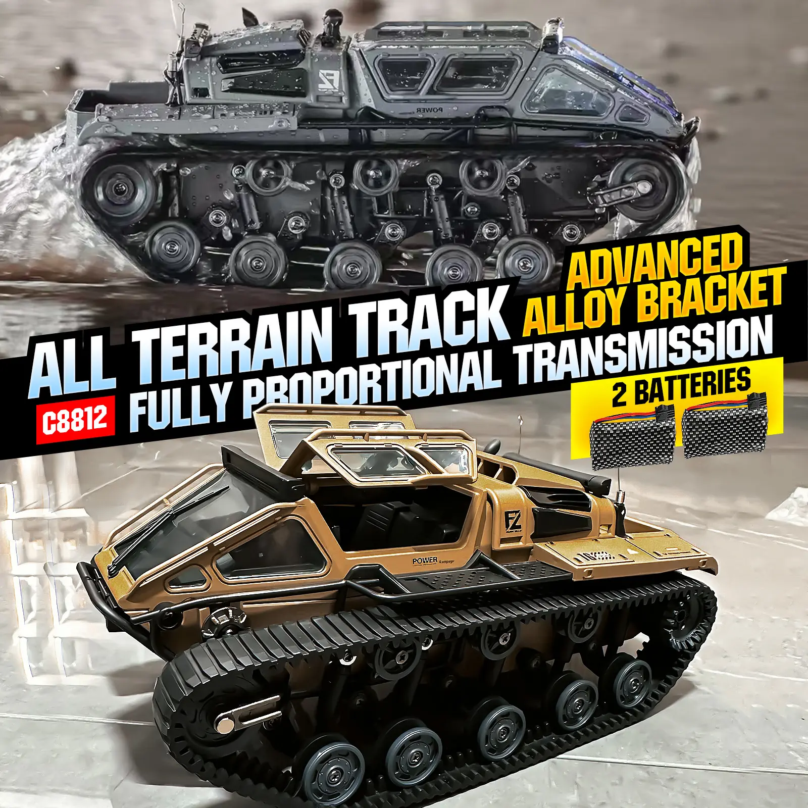 All terrain tracked armored off-road vehicle with 2 batteries , remote control rock crawling tank, high horsepower high-speed adult professional full proportional variable speed drift climbing car, boys and children's toy, birthday rc ideas gift