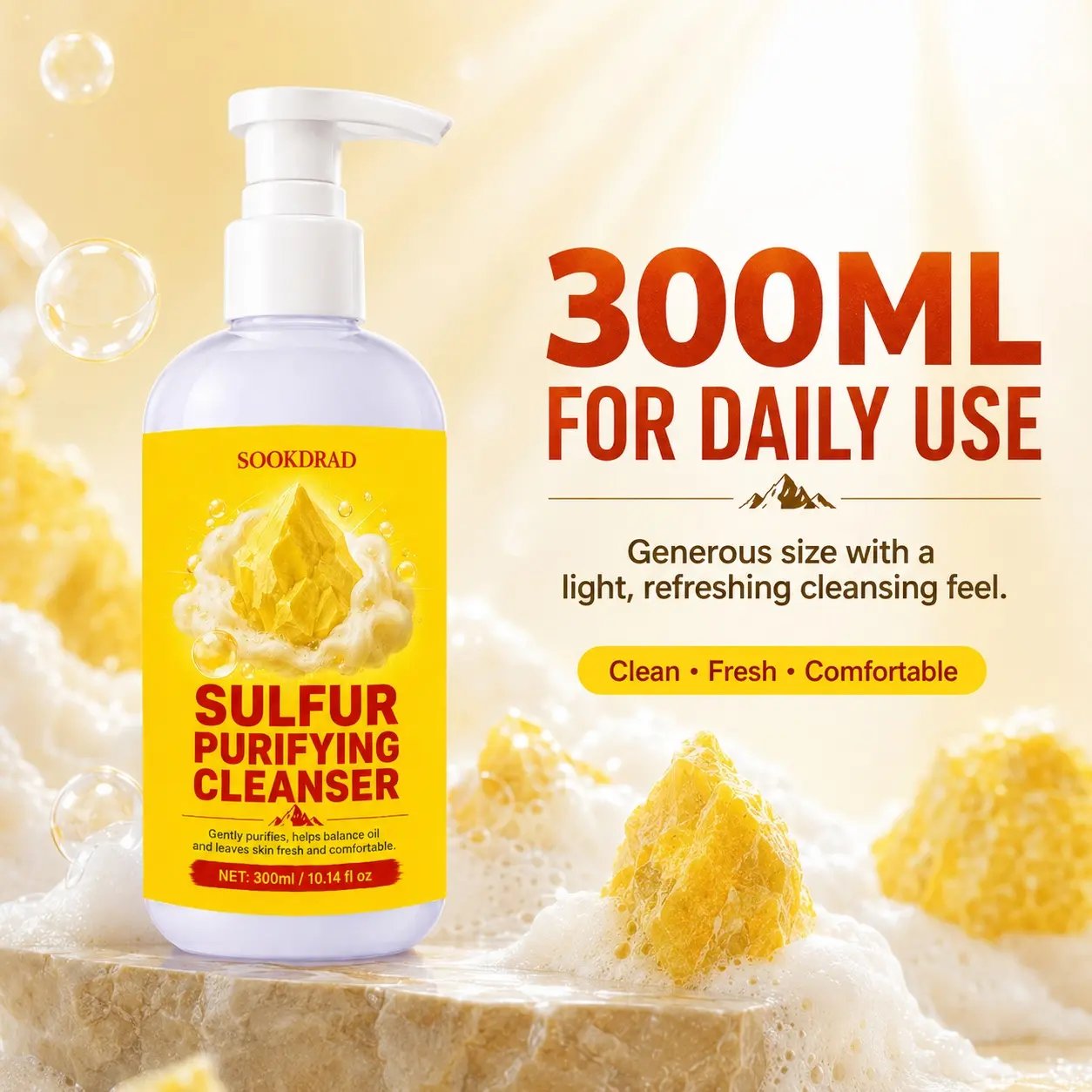 sulfur purifying cleanser, sulfur, gently purifies, balance oil, leaves skin fresh and comfortable, facial care, 300ml/10.14 fl oz