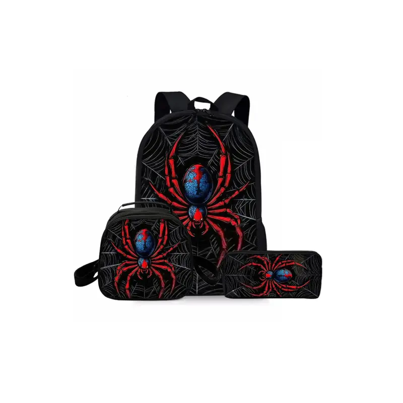 17-in Polyester Spider Pattern Printed Combo 3-Piece Set - Casual Everyday Use Gym Travel Backpack, Round Lunch Bag with Shoulder Strap, Pencil Case, Three Pieces