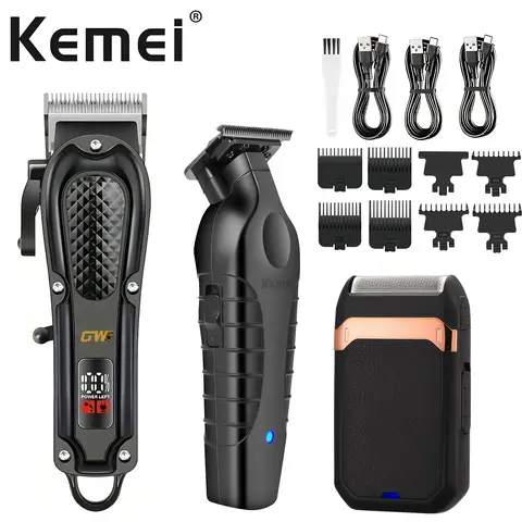 Kemei 2299 Triple Set, Wireless Hair Clipper Set, Cordless Clippers Set, Hair Clippers Set, USB Rechargeable Clipper, Hair Styling & Trimming Tools, Precision Shaving Kit, Wireless Haircut Tool, Ideal Gift for Personal Care Enthusiasts