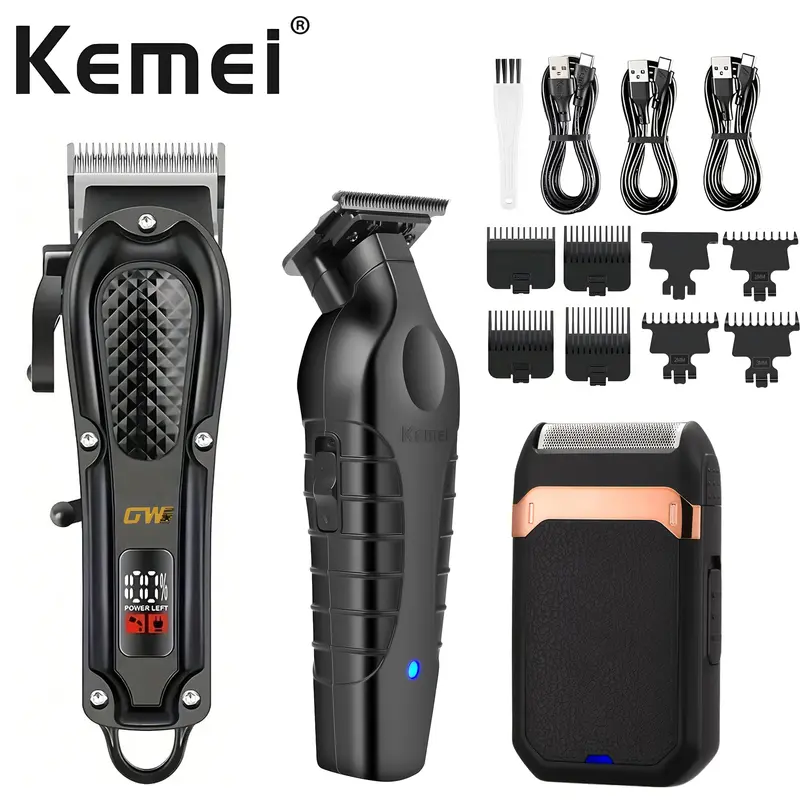Kemei 2299 Triple Set, Wireless Hair Clipper Set, Cordless Clippers Set, Hair Clippers Set, USB Rechargeable Clipper, Hair Styling & Trimming Tools, Precision Shaving Kit, Wireless Haircut Tool, Ideal Gift for Personal Care Enthusiasts