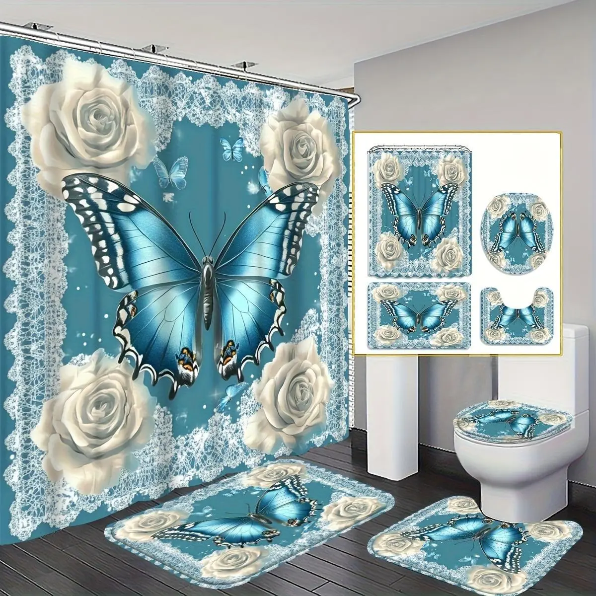 1/4pcs Blue Rose & Butterfly Shower Curtain Bathroom Set with U-Shaped Toilet Lid Cover, Bath Curtain Suitable for for Bathtubs, 12 Hooks Included, - Decor for Modern Bathrooms