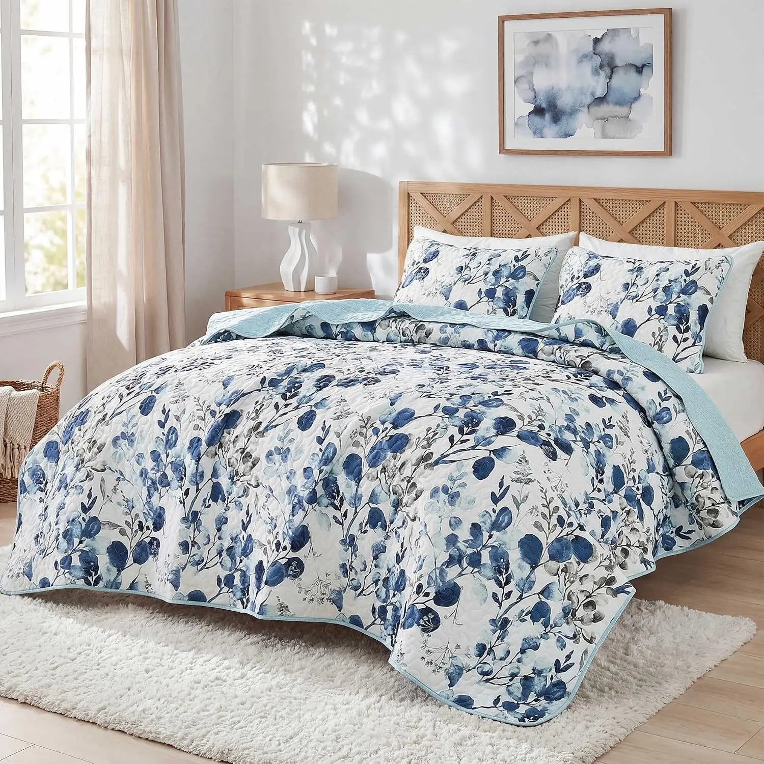 Quilt Set Quilted Bedspread Reversible Lightweight Floral Printed Oversized Quilted Bedding Set with Shams 3pc, Queen Size, Navy Blue