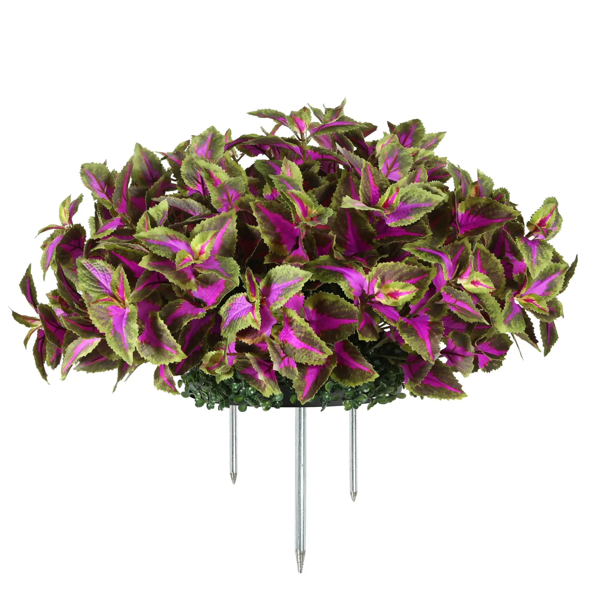 Realistic Leaf Grass Ball Ground Insert Plant, Colorful Bush, Metal Three-Prong Stake, Outdoor Garden Decor