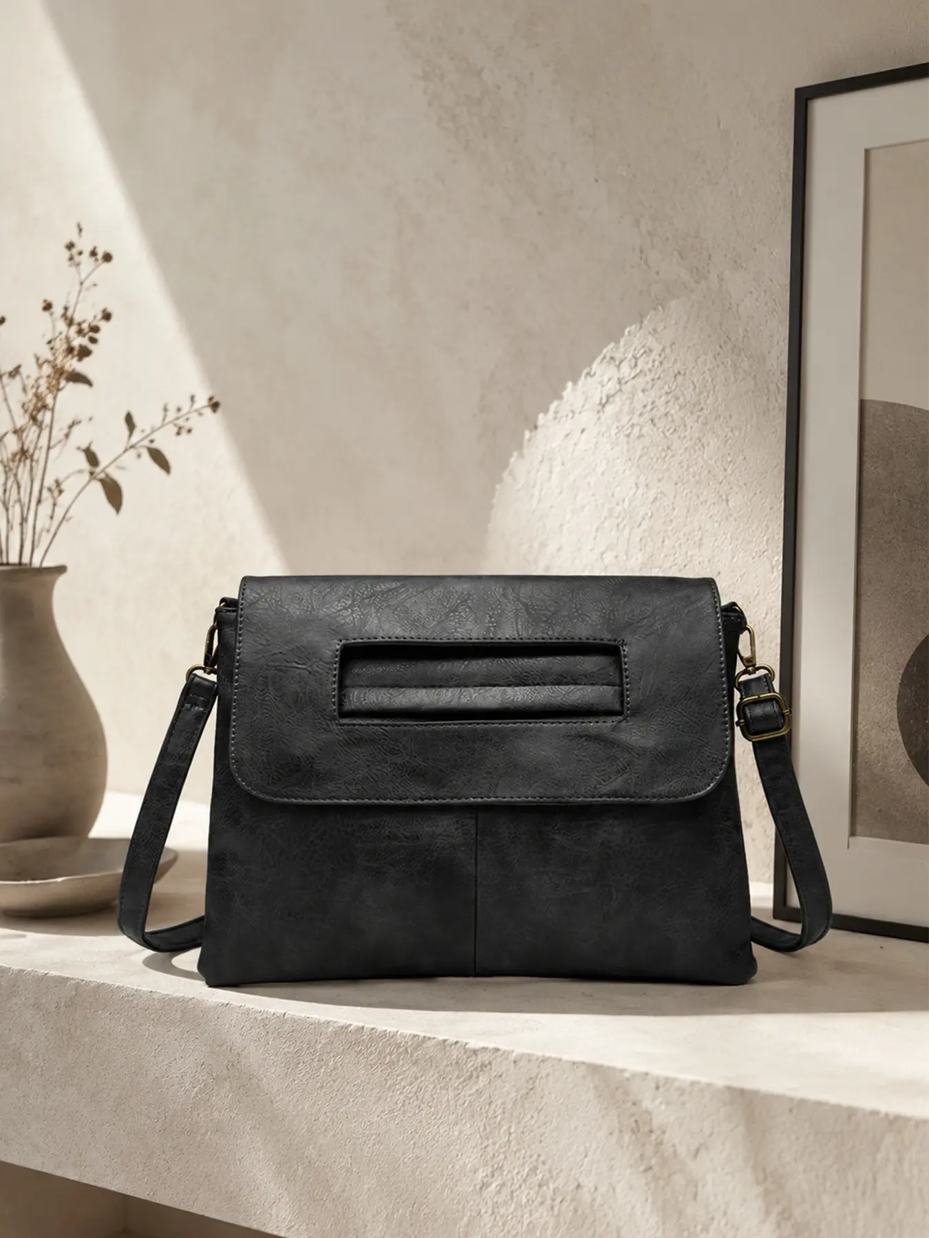 Black Vintage Soft PU Leather Envelope Clutch Bag for Women, Large Capacity Foldover Handbag, Detachable Strap Shoulder Crossbody Bag, Casual Business Daily Work Purse