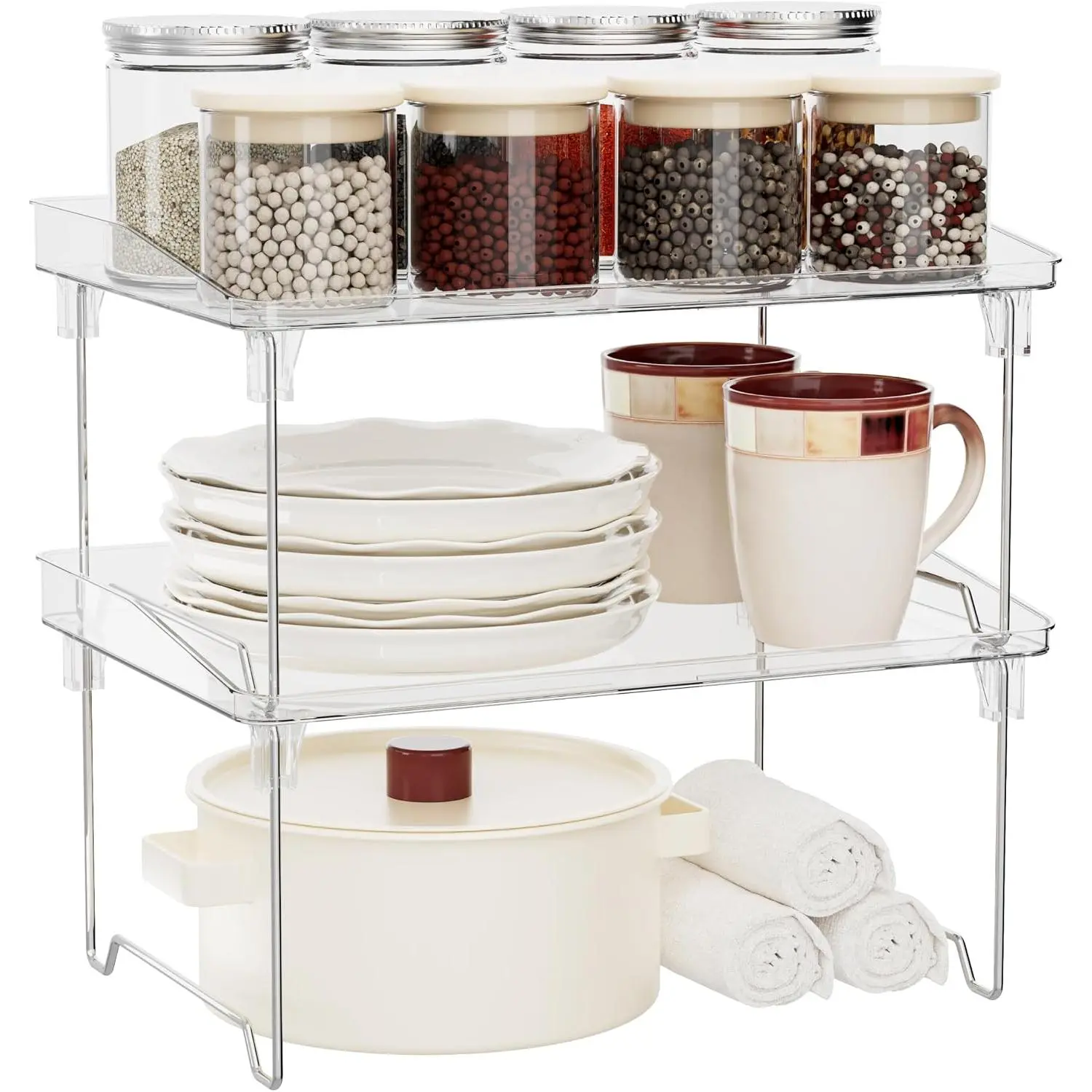 2 count Cabinet Organizer Shelf, Stackable Kitchen Counter Shelves,  Rack,Countertop Organizers, Clear Plastic Storage Shelves Rack for Makeup,Bathroom,Cupboard,Desk,Pantry Organization