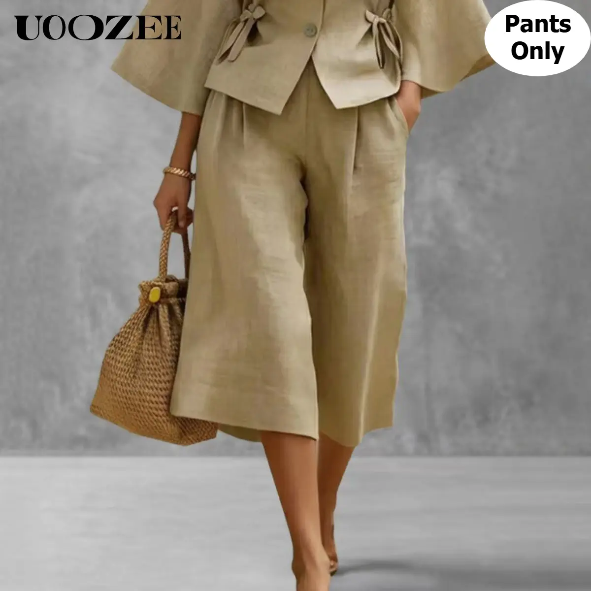 UOOZEE Women's Linen Blend Pants, High Waist Loose-fit Culottes with Pleated Front, Wide Leg Capri Cut, Cold Machine Wash, Real Pockets, Wide-Leg Pants, Bottom, Hip, Casual