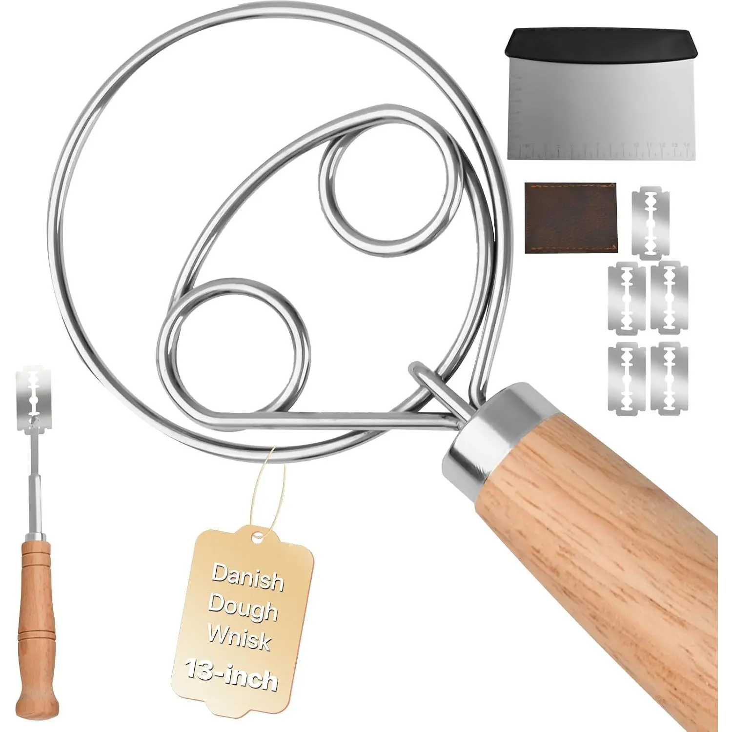 Sourdough Whisk Set: Danish Dough Whisk, Dough Scraper, Bread Scoring Lame | 3 in 1 Sour Dough Starter Kit,  for Baking Beginner, Includes  tools for Mixing, Dividing, and Scoring Dutch Bread.