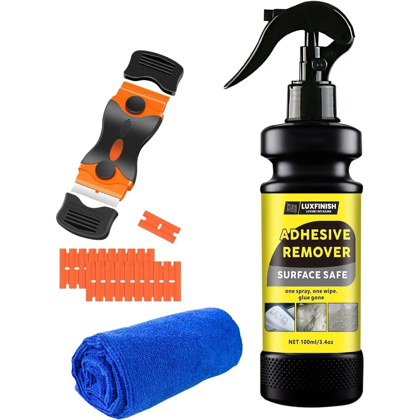 Adhesive Remover Spray with Scraper & Towel, 100ml/3.4oz Residue Safe Multi-Surface Formula for Removing Stickers, Labels, Tape from Car Paint, Glass, Tile