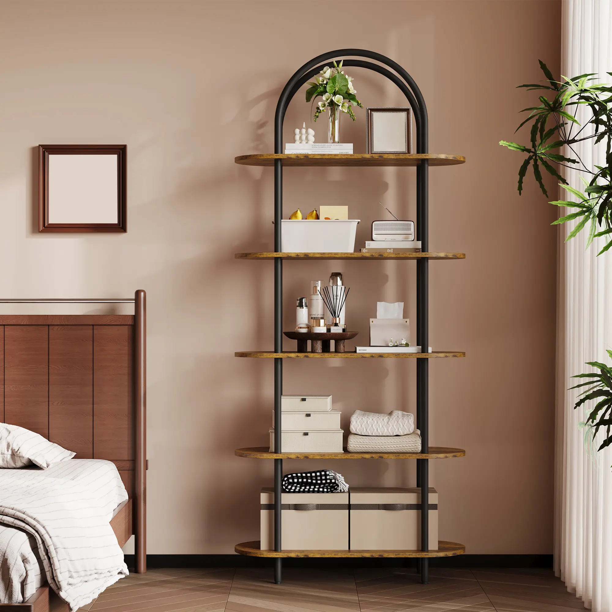 5 Tier Arched Bookcase, 71" Tall Industrial Open Book Shelf, Modern Freestanding Shelving Unit Storage Organiser with Metal Frame, for Living Room, Bedroom, Home Office