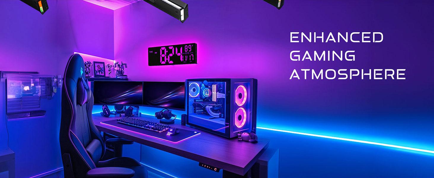 16.5" Large Digital Wall Clock with BT Sync, RGB Lights with 11 Scenes Mode Remote Control, Dual Alarms with Big LED Display, Auto DST, Temperature for Classroom Gaming