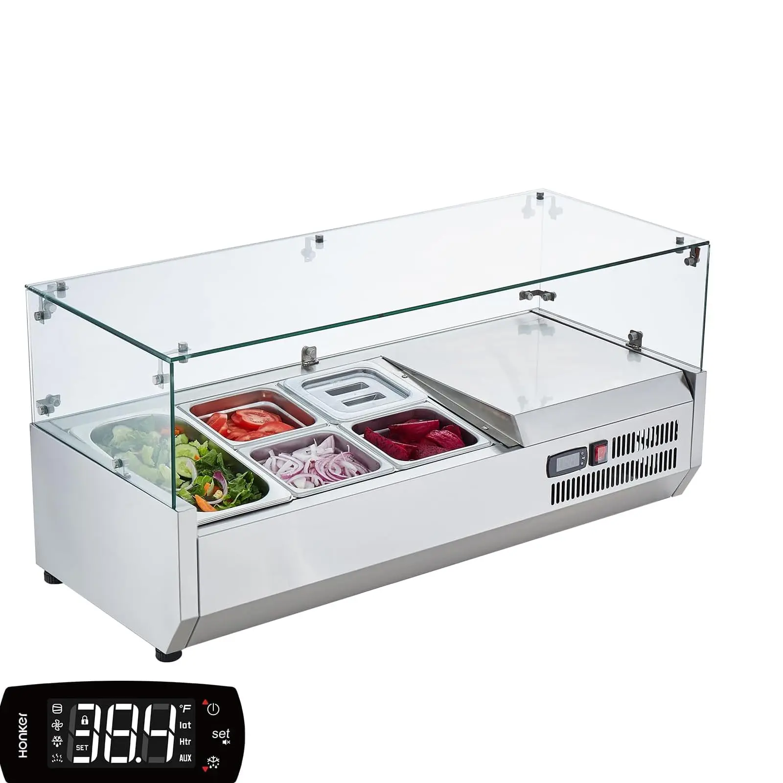 ETL Certified 39" Stainless Steel Commercial Refrigerated Prep Station - Restaurant Buffet Food Service Cooler with Multiple Pans, Glass Guard & Countertop Salad Bar