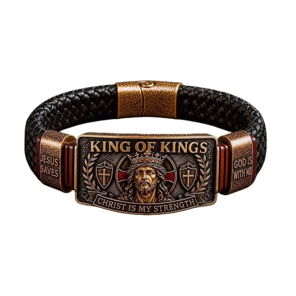 King of Kings Faith Bracelet, Adjustable Christian Wristband with “Christ Is My Strength”, Religious Inspirational Gift for Men, Husband, Dad, Pastor and Veteran