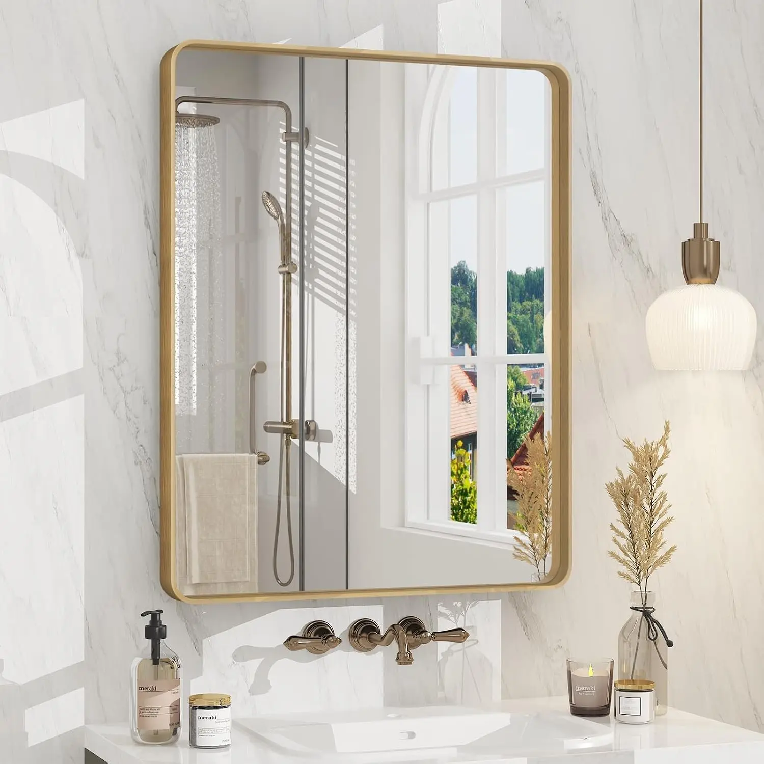 24x30 Inch Gold Bathroom Vanity Mirror | Rounded Rectangle Gold Mirror, Brushed Gold Brass Frame, Anti-Rust, Shatterproof, Hangs Horizontally or Vertically