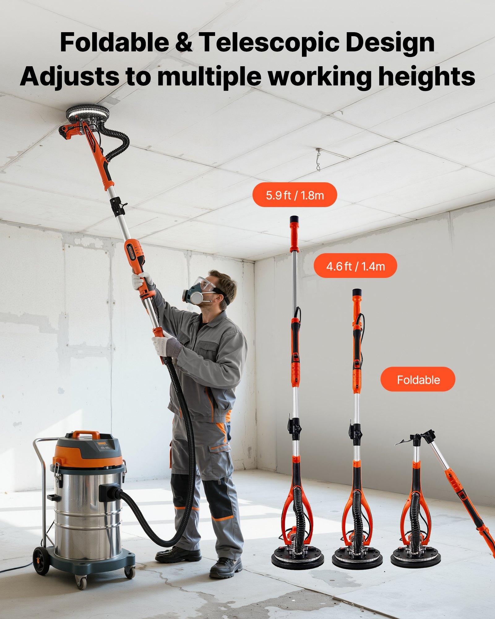 VEVOR Drywall Sander, 850W Electric Drywall Sander, Popcorn Ceiling Removal Tool with 5 Variable Speed 800-1700 RPM, Double-Deck LED Light, Foldable & Extendable Handle, 15 Sanding Discs, Dust Hose