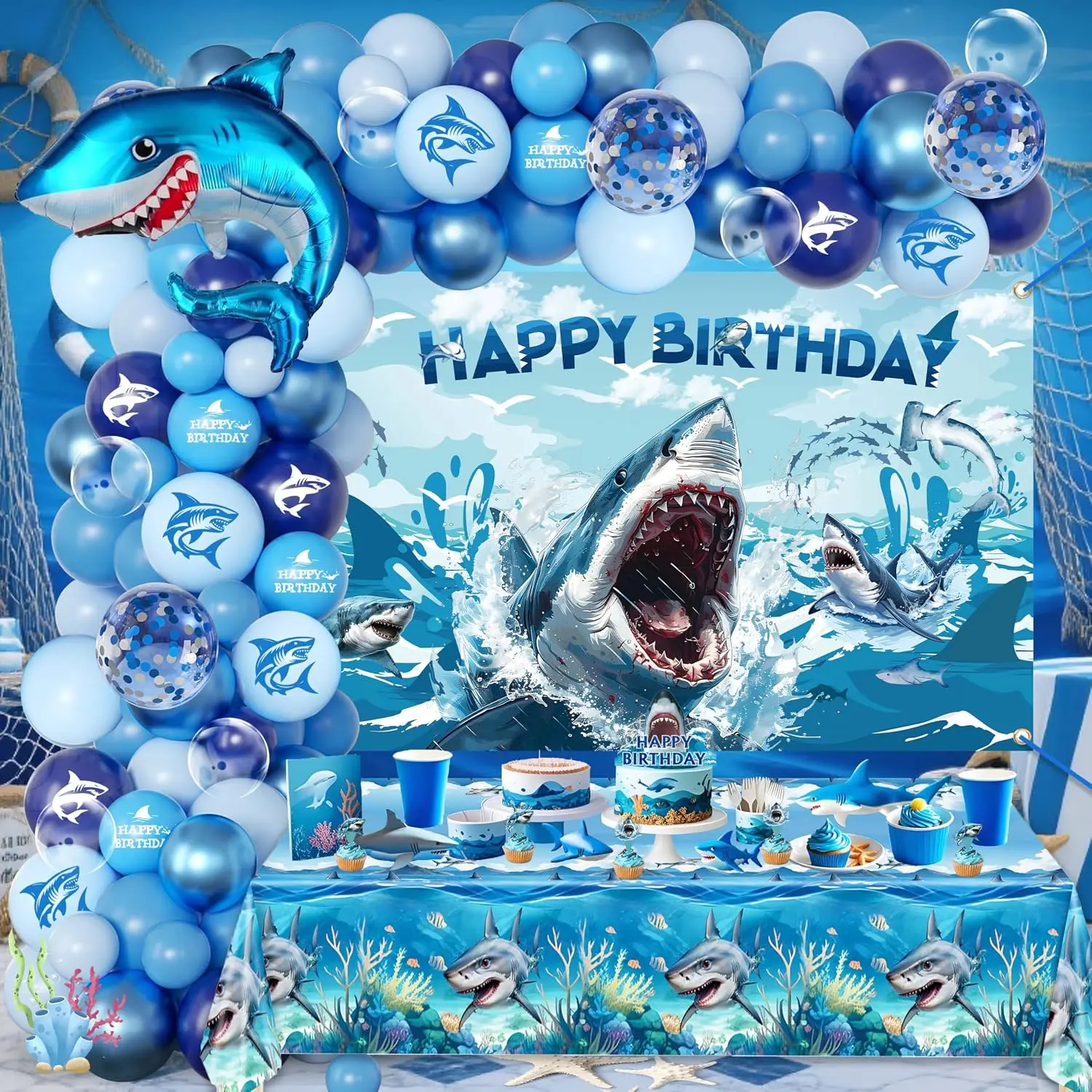 Birthday Party Decorations For Women Men,Happy Birthday Banner,Blue Balloon Arch Kit,Sharks Foil Balloons,Cake toppers