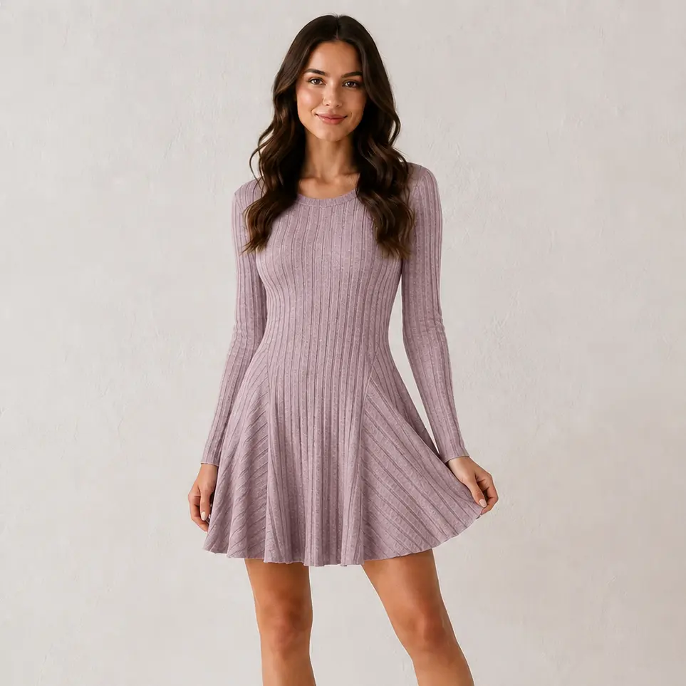Women’s Ribbed Knit Long Sleeve V-Neck Fit-and-Flare Mini Dress - Fitted Upper, Check Measurements, Solid Color A-Line Sports Outfit for Fall, Winter, Date Night (Sizes S-3XL)