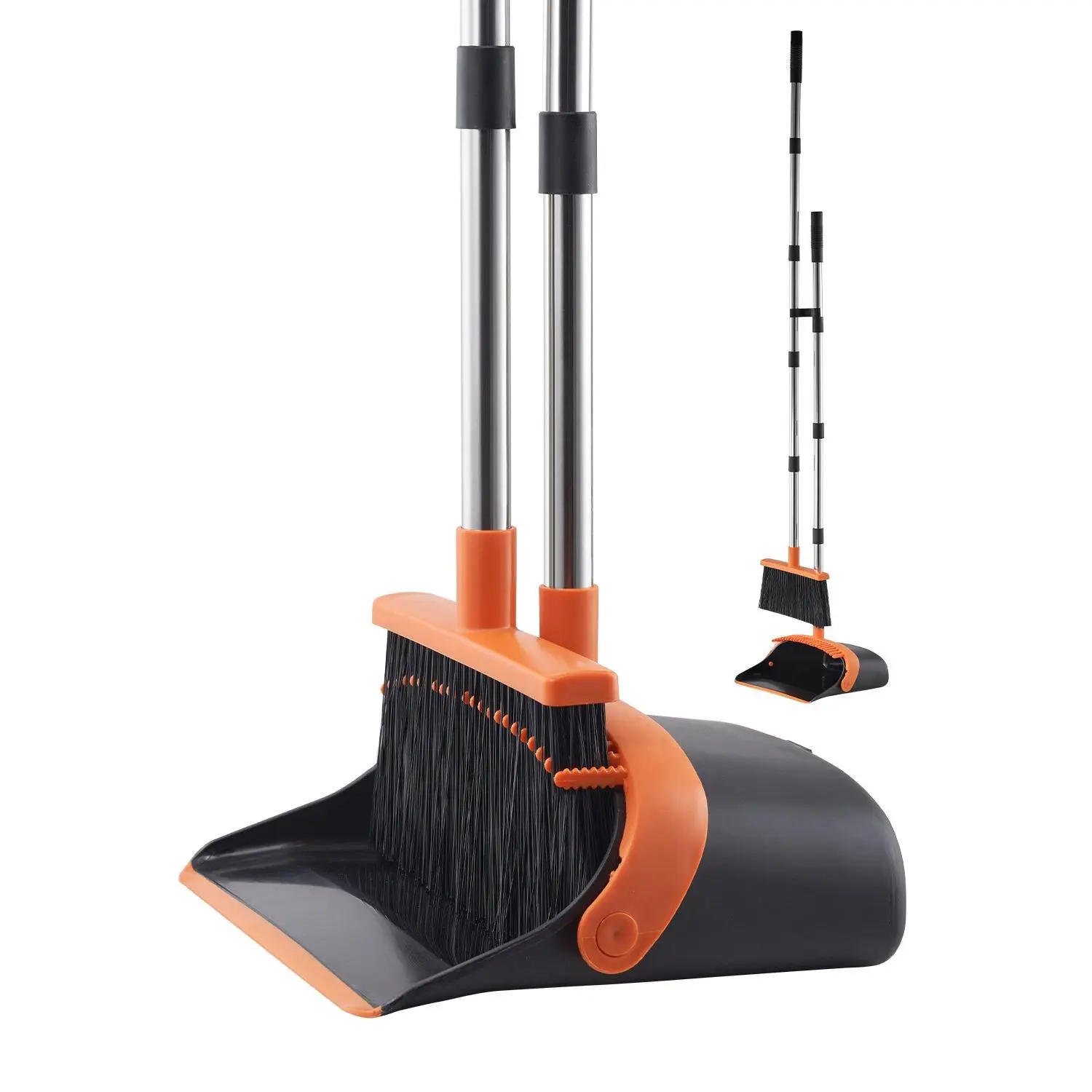 【DealsForYouDays】VEVOR Broom and Dustpan Set, Heavy Duty Dustpan and Broom Combo with Self-Cleaning Teeth, Metal Upright Standing Dust Pan with Long Handle, Ideal for Home, Restaurant, Office, Dorm, Black+Orange