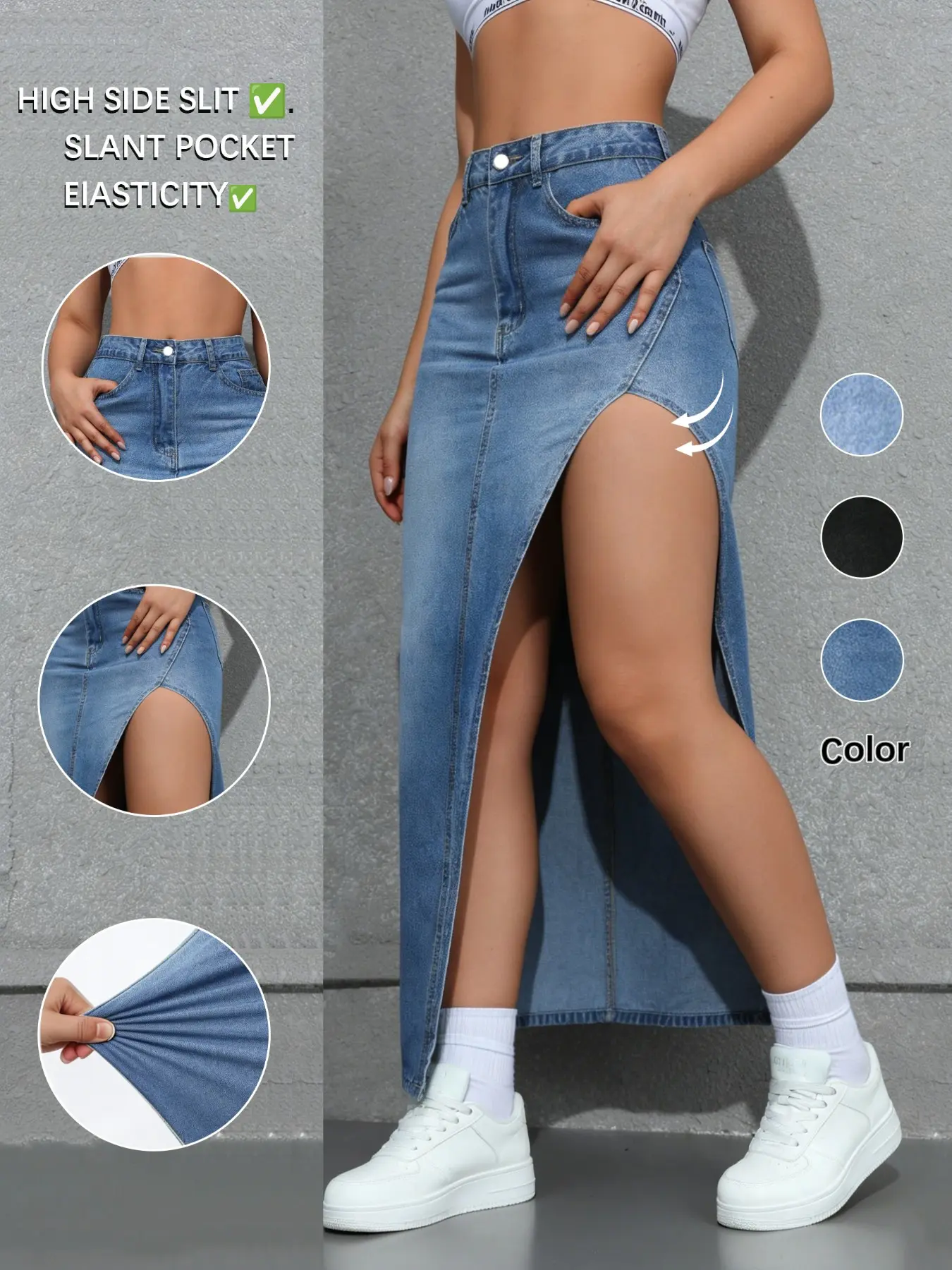 Summervibes New Fashion Women's Denim Long Slit Skirt, Chic, Side Split Design, Button, Versatile, Suitable for Casual and Formal Occasions, Comfortable Daily Wear, Fit