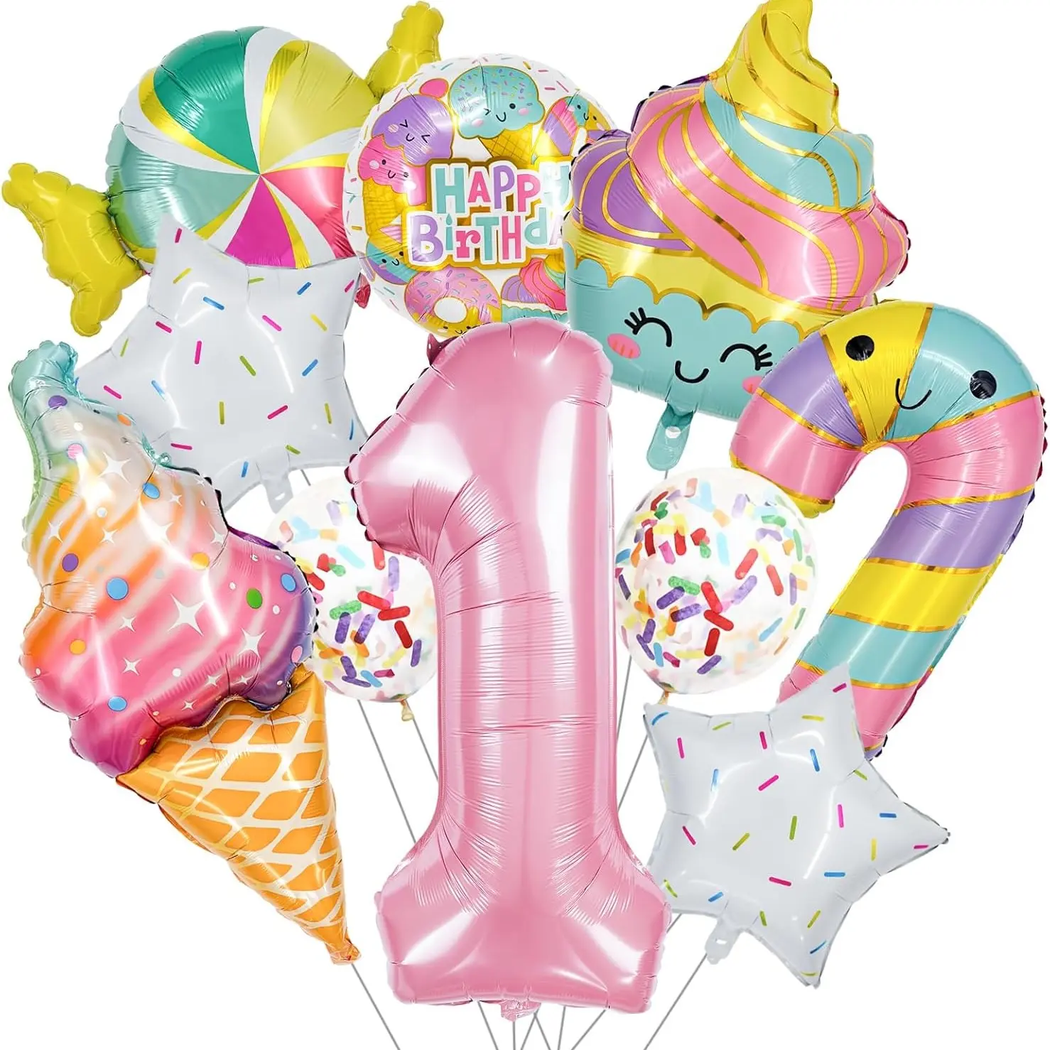 13-Piece Birthday Balloon Set, Cute Candy Theme Number Aluminum Foil Balloons with Ice Cream Rainbow Balloons, Baby Birthday Party Decorations