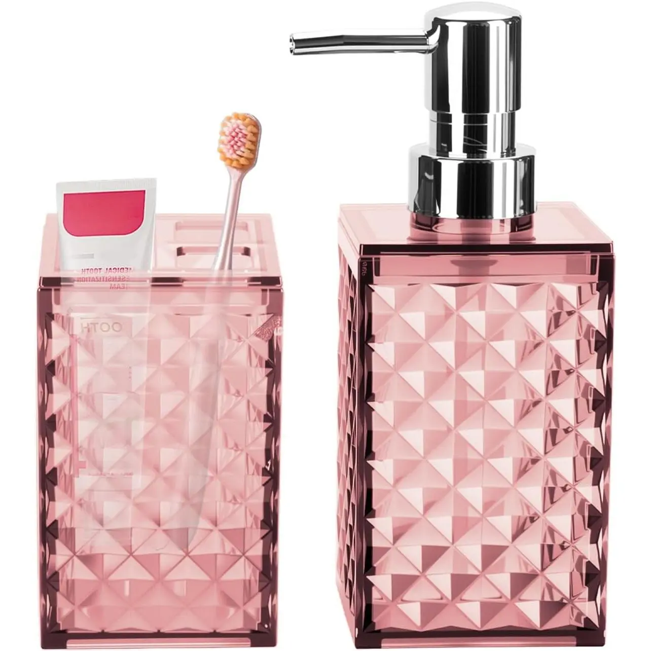 Pink Bathroom Accessories Set, Soap Dispenser and Toothbrush Holder | Diamond Pattern Bathroom Set for Boho Bathroom Decor