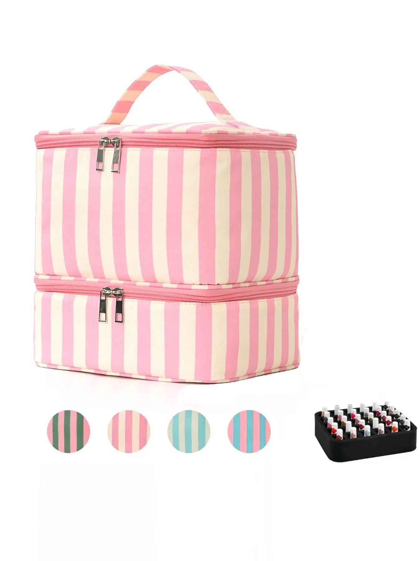 Pink Beige Striped Double-Layer Makeup Bag, Portable Nail Polish Organizer Case with Handle, Large Capacity travel cosmetic bags Cosmetics Bag Cosmetic Storage Box for Travel, Nail Tech & Daily Use, Multiple Colors Available