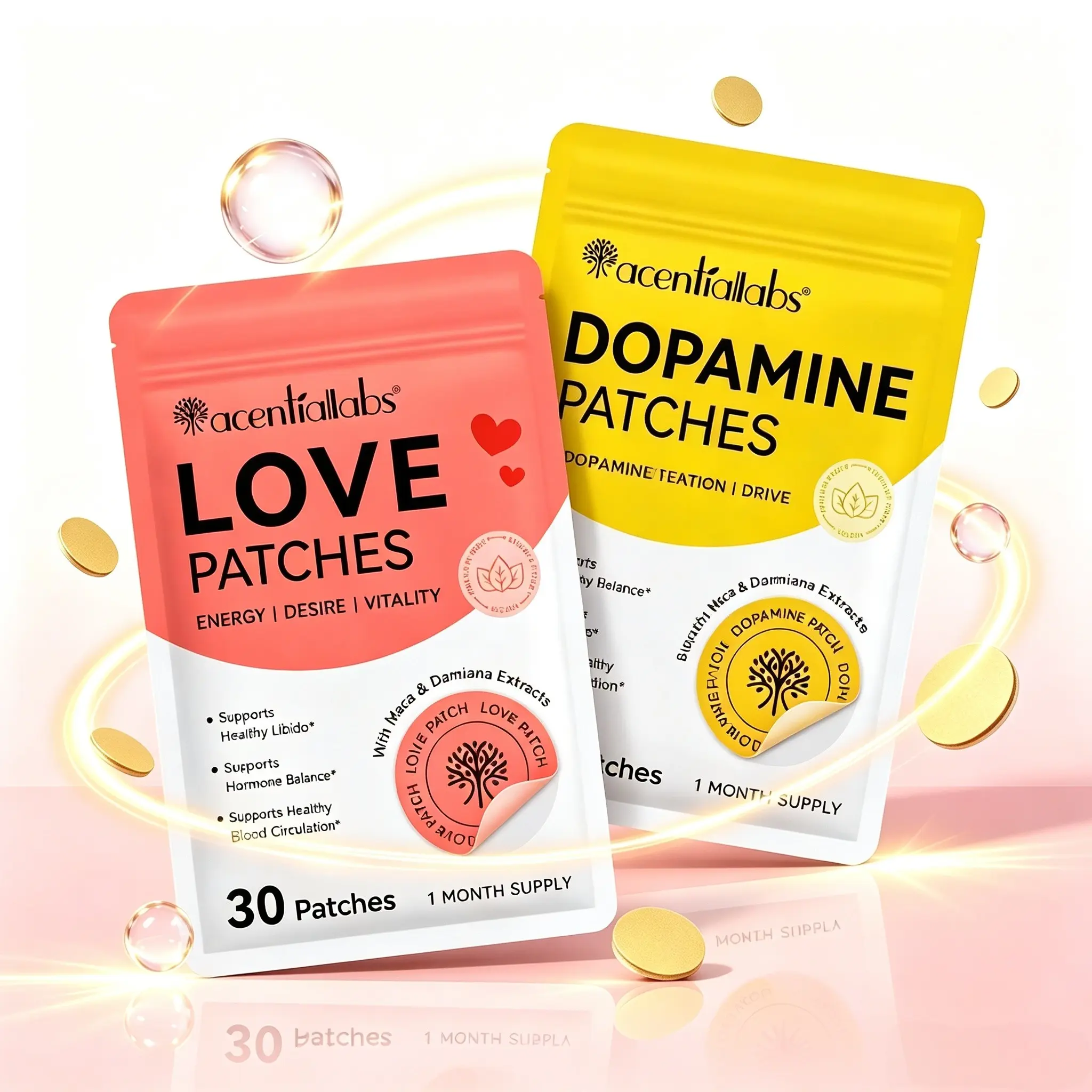 2 Bags of Acentiallabs Love Patches & Dopamine Patches, 30pcs Per Bag, Natural Herbal Formula, Stress Relief, Easy to Use