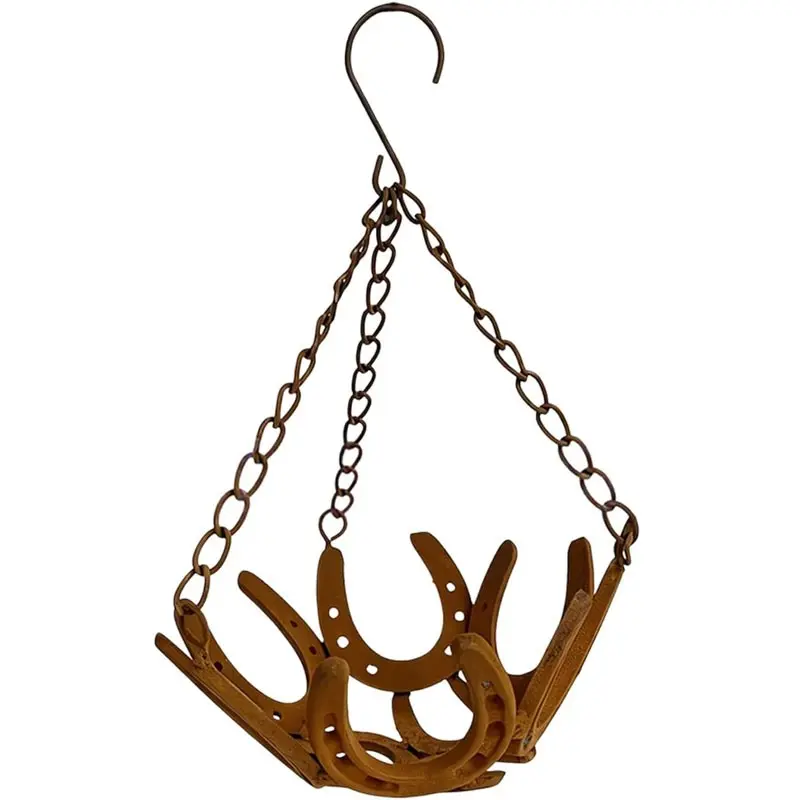 Iron Horseshoe Flower Basket, Vintage Surface, Chain Hook Included, Ideal for Balcony and Garden Decor, Vertical Metal Planter Basket