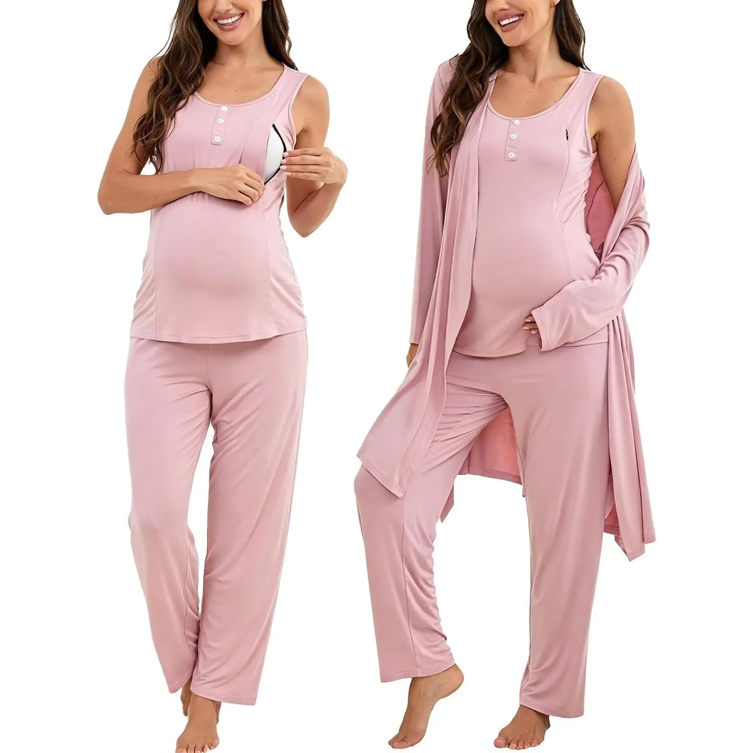 Maternity Nursing Robe Set 3 Piece Women Postpartum Pajamas Breastfeeding 3 in 1 Labor Delivery Zipper Pregnancy Pjs