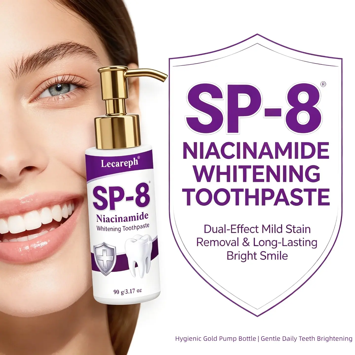 Lecareph SP-8 Niacinamide Brightening Toothpaste 90g, Baking Soda Mint Infused Gold Press Pump Bottle, Mild Stain Removal Long Lasting Fresh Breath Sanitary One Hand Dispensing Daily Family Oral Care For Coffee Tea Drinkers